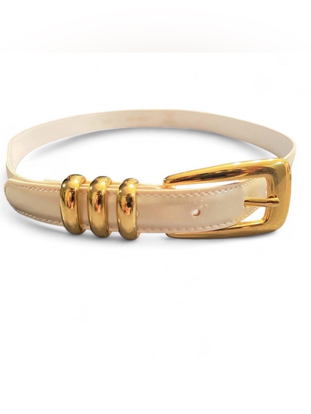 Vintage 1993 Ivory Pearlescent Belt Gold Buckle Sz 70 Made in France